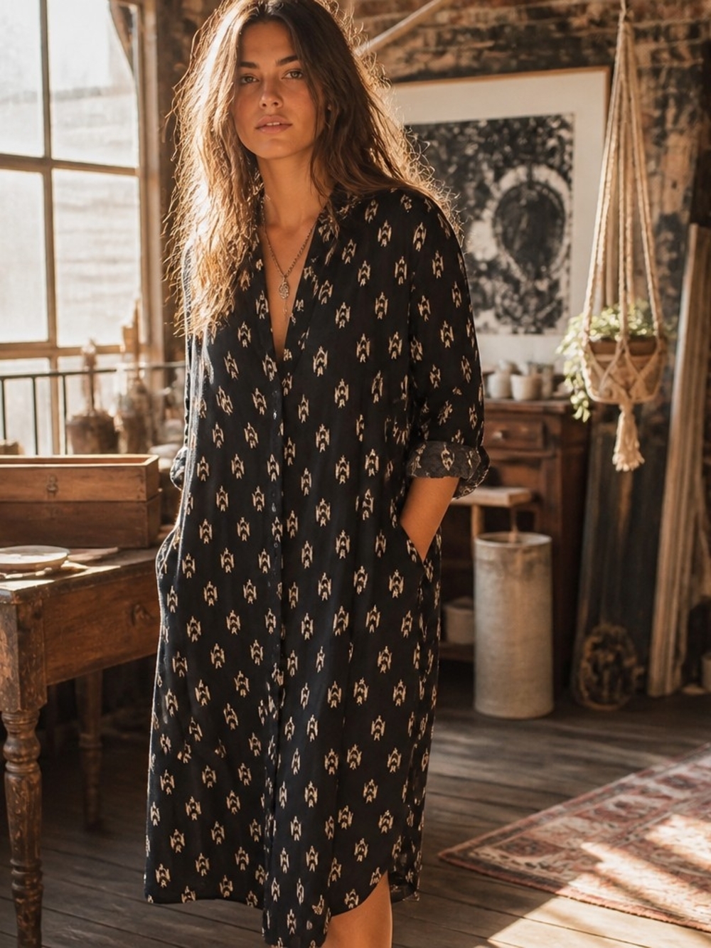41 Hawthorn Black Midi Shirt Dress with Cream Print